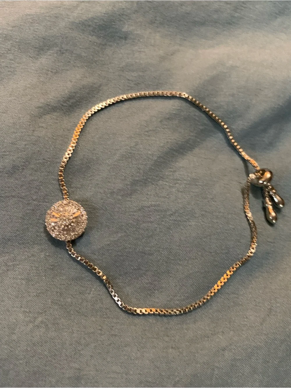 Crystal Pavé Disc Bolo Bracelet with Adjustable Silver-Tone Sliding Box Chain